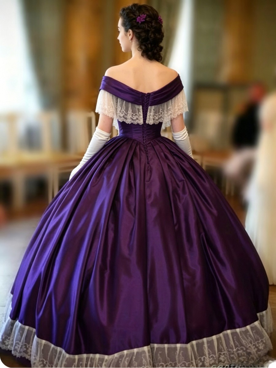 Victorian Purple Satin Lace Off-Shoulder Ball Gown Historical Costume Dresses