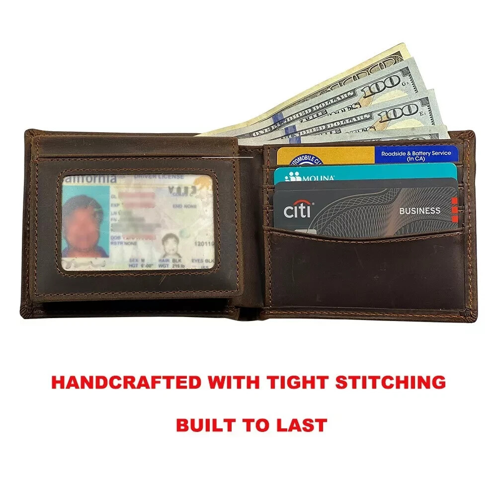 Men RFID Blocking Full Grain Crazy Horse Leather Men’s Bifold Center Flap Wallet
