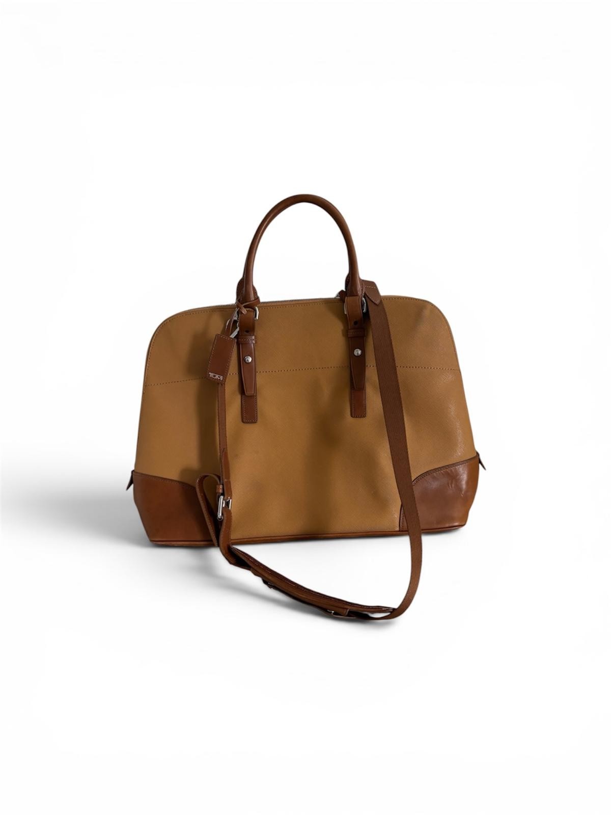 TUMI Sinclair Tegan Canvas Leather Laptop Tote Bag Natural Saddle Tan