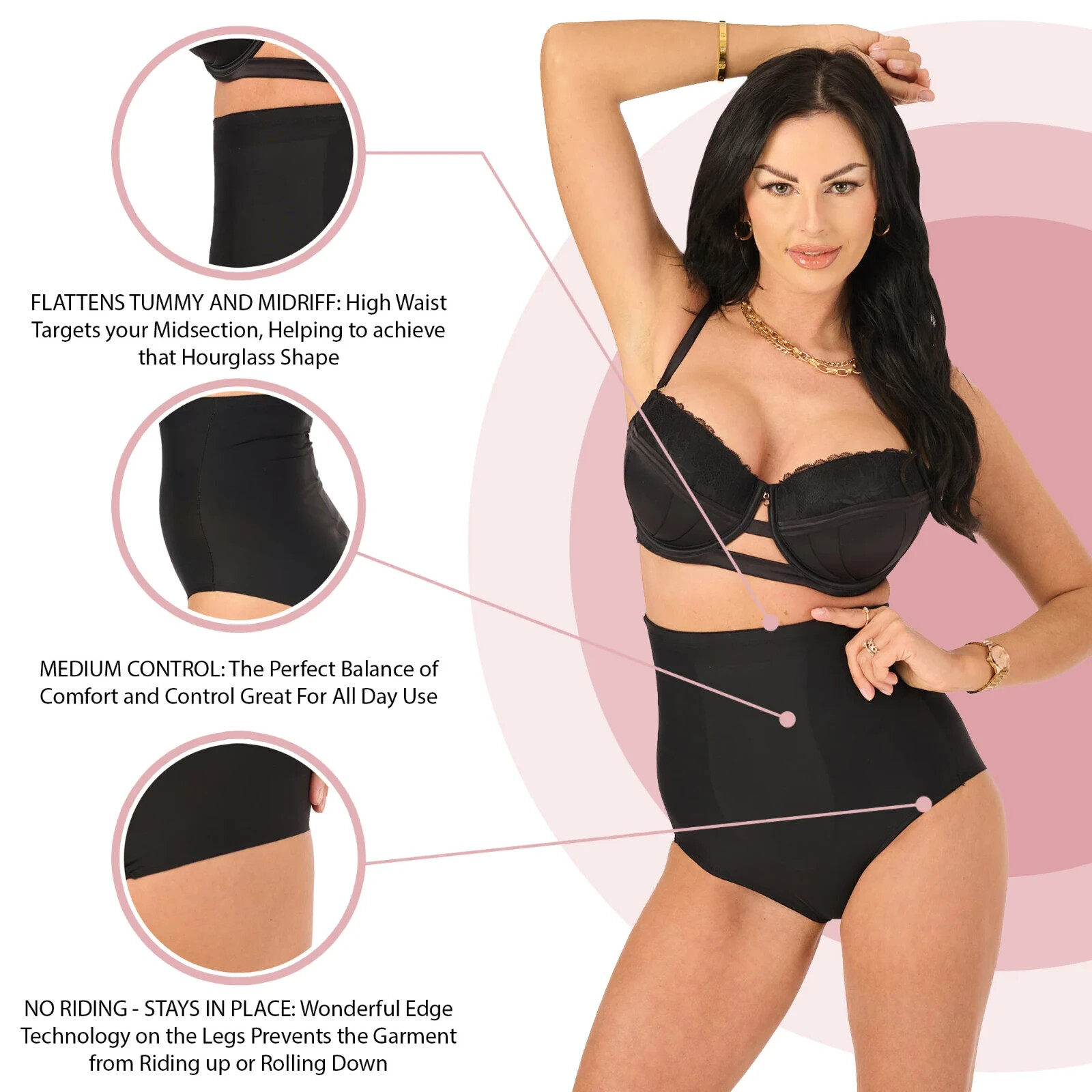 Cupid Fine Women’s Shapewear Hi-Waist Stomach Control Brief Size Medium Black