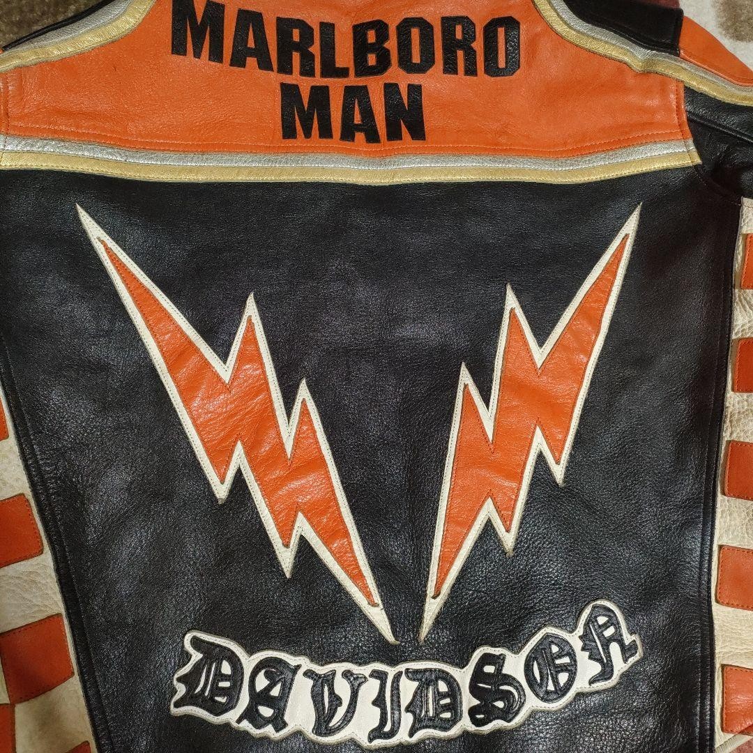 HARLEY DAVIDSON Marlboro Man Leather Jacket Black Orange Biker Mens