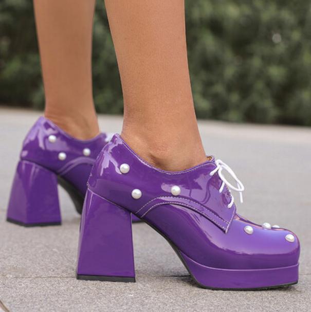 Women Square Toe Beaded Lace Up Pumps Candy Color Mary Jane Shoe Block Heel Pump