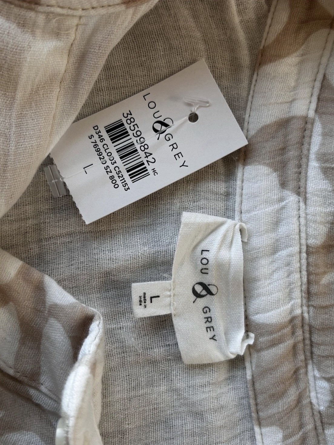 Lou & Grey Beige White Abstract gauze Print Button Front Shirt Large 100% Cotton