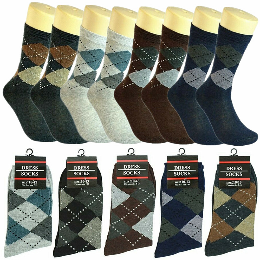 3-12 Pairs Men Argyle Crew Multi Color Business Dress Socks Cotton Size 10-13