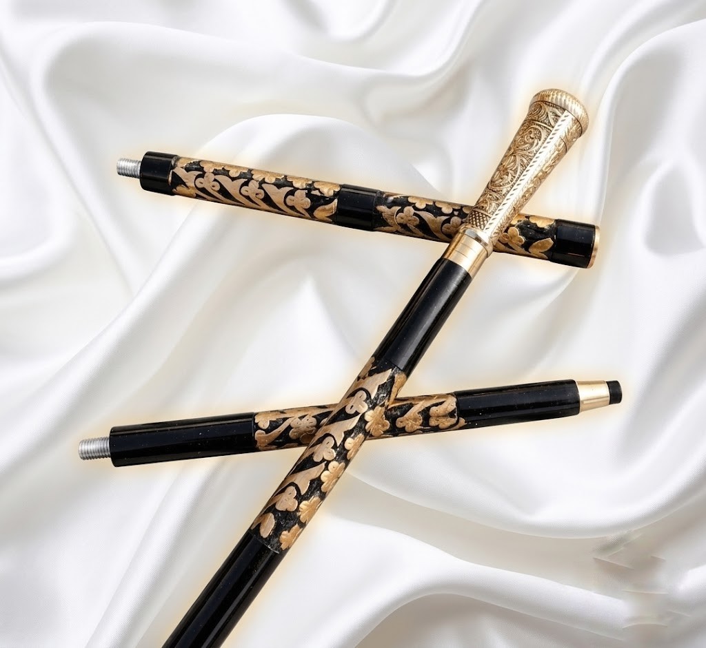 Handmade Elegant Wooden Walking Stick with Ornate Gold-Tone Handle & Floral…