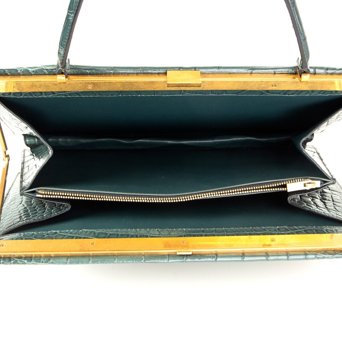 63581 auth CELINE Cypress green CROCO MEDIUM CLASP Top Handle Bag