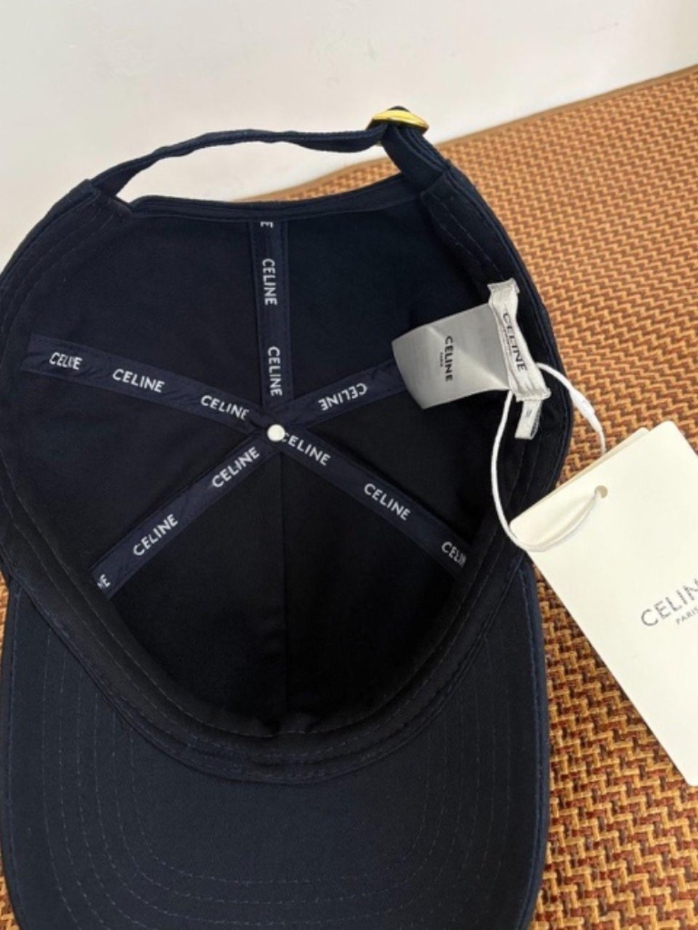 Celine. Triomphe Navy Cotton Baseball Cap with White Logo Embroidery, Adjustable