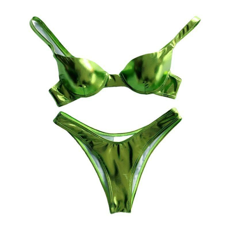 Women Sexy Bikini Reflective Shiny Metallic Swimsuit Push Up Underwire Beachwear