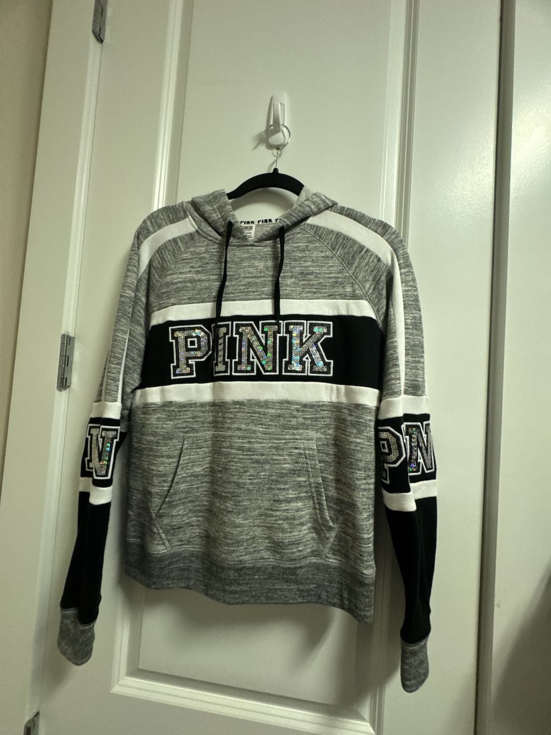 Victoria’s Secret PINK Marled Gray and Black Sequin Logo Pullover Hoodie