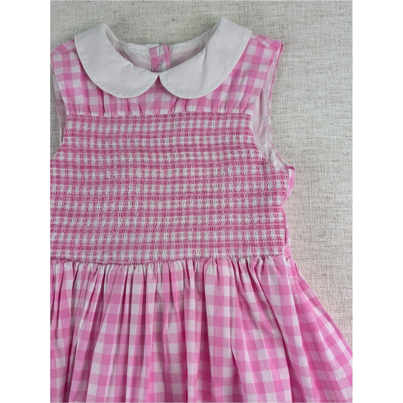 Janie and Jack girls 7 Pink Gingham Sleeveless Smocked Dress Peter Pan Collar