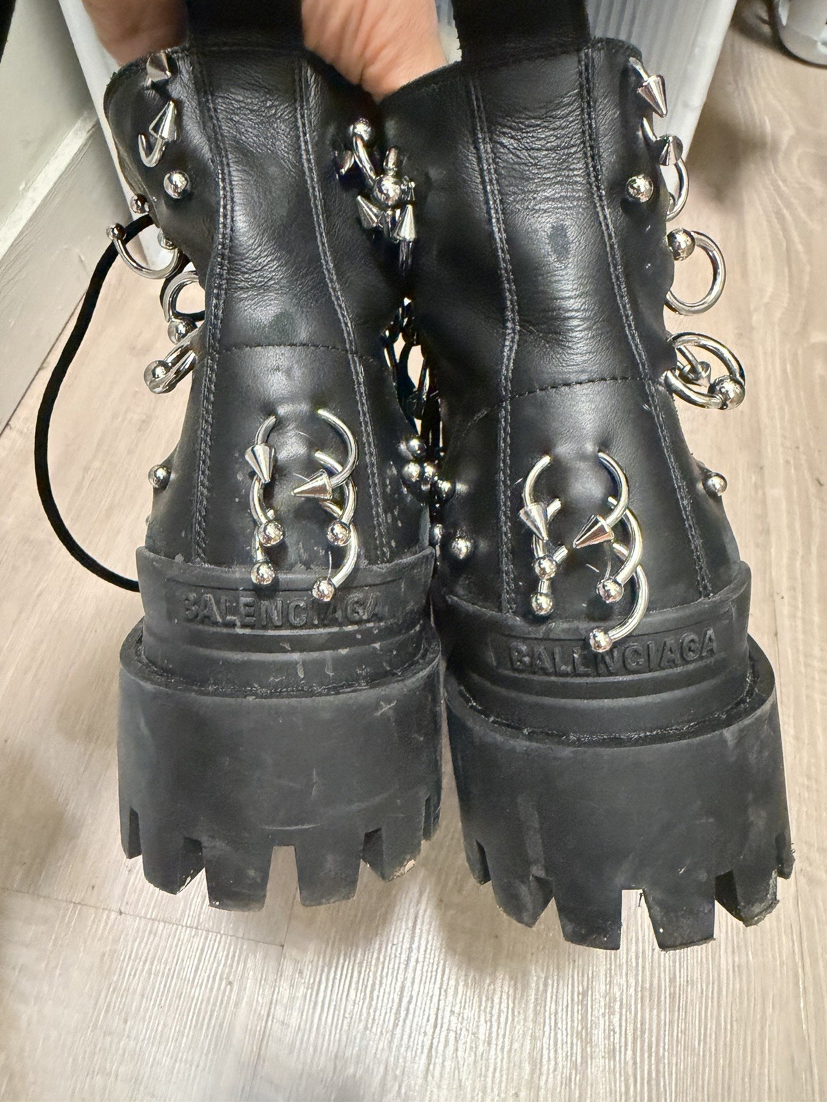 Balenciaga Men’s Black Leather Studded Strike Combat Ankle Boots Lace Up 12