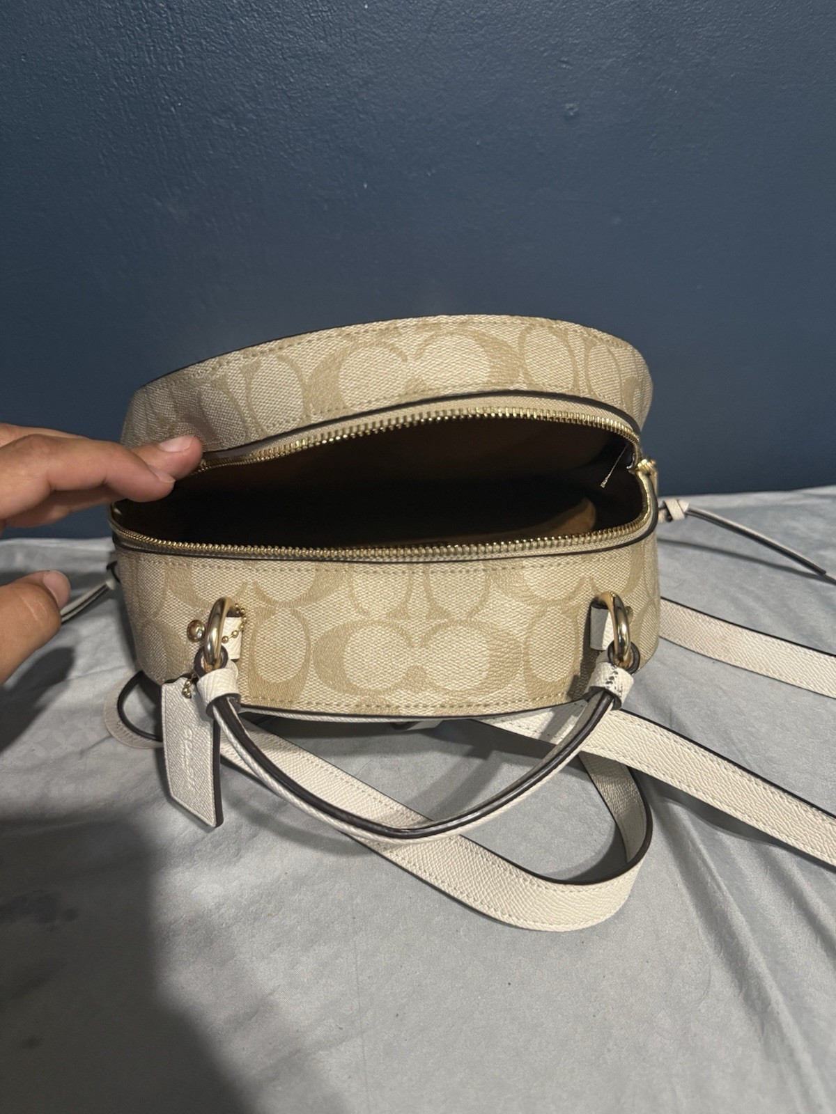 Coach White Logo Backpack Zip Closure Front Zip Pocket Gold Hardware