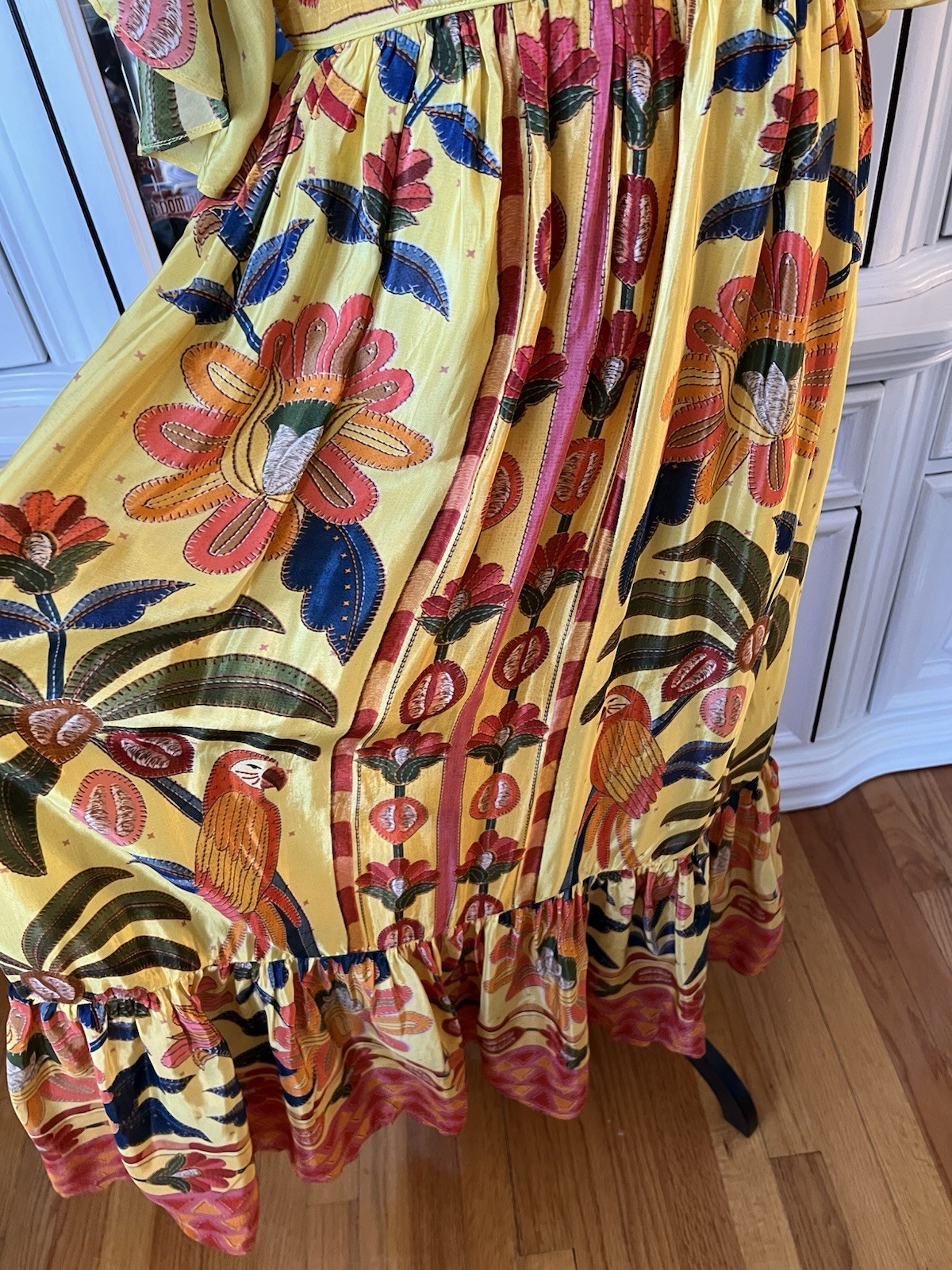 FARM Rio For Anthropologie Yellow Tropical Print Satin Like Fabric Maxi Dress M