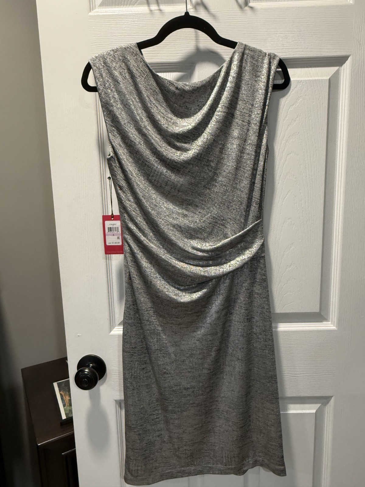 NWT, Vince Comuto silver dress, cowl neck, side zip