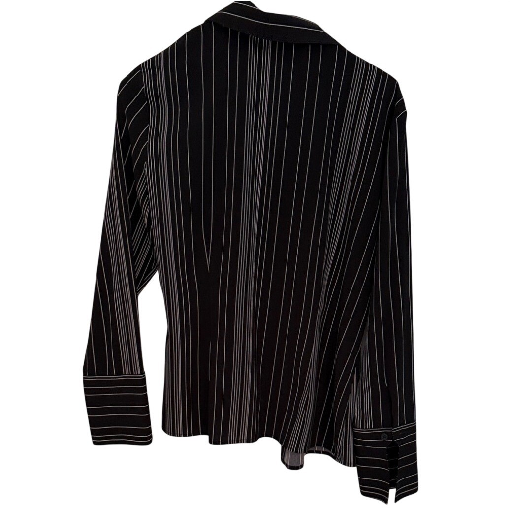 Worthington Stretch Womens Small Black White Pinstripe Button Down Blouse Shirt