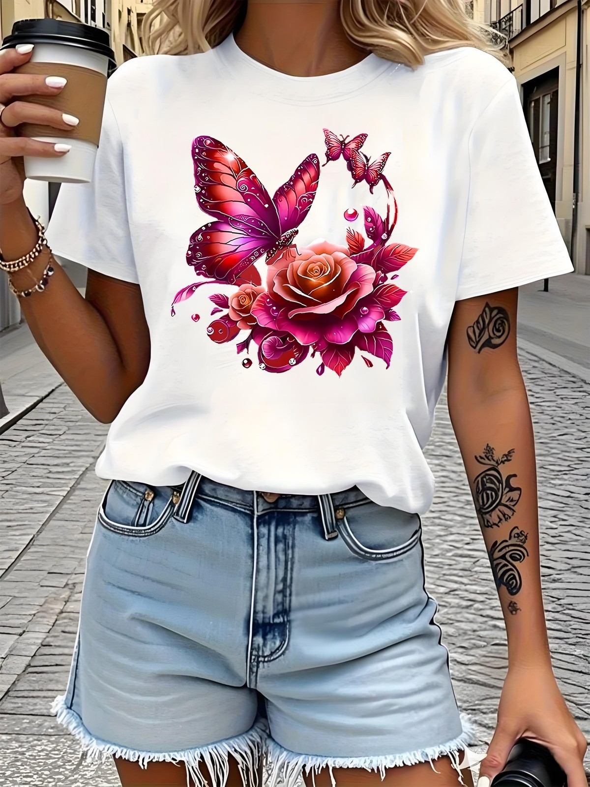 Women Creative Floral Graphic T-Shirt Elegant Flower Casual Crew Neck Tee Top