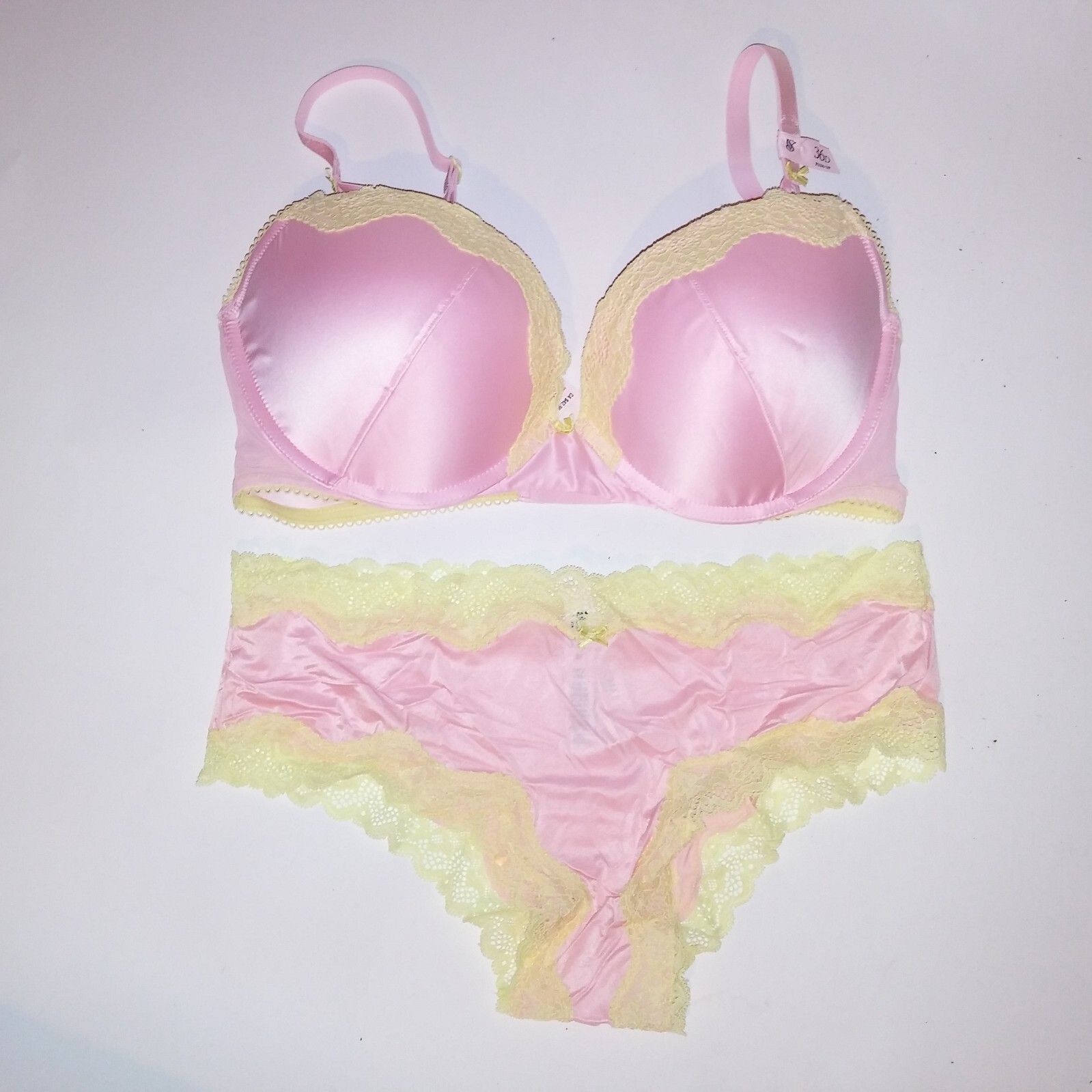 Victoria Secret Bra Set Tease Push Up Cheeky Panty Pink Yellow Lace Trim New