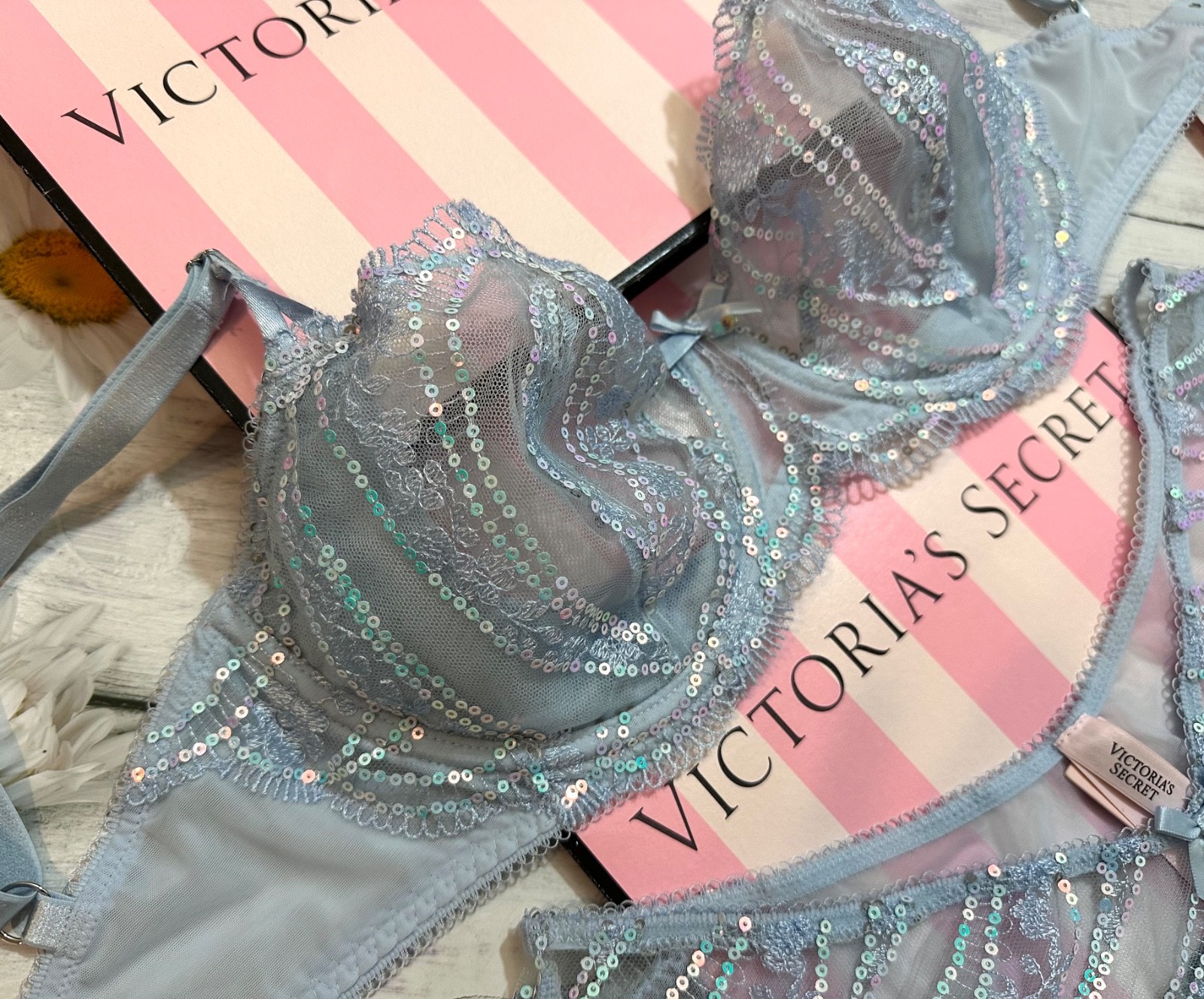 Victoria’s Secret Wicked Iridescent Embroidery Unlined Bra Panty Set Blue