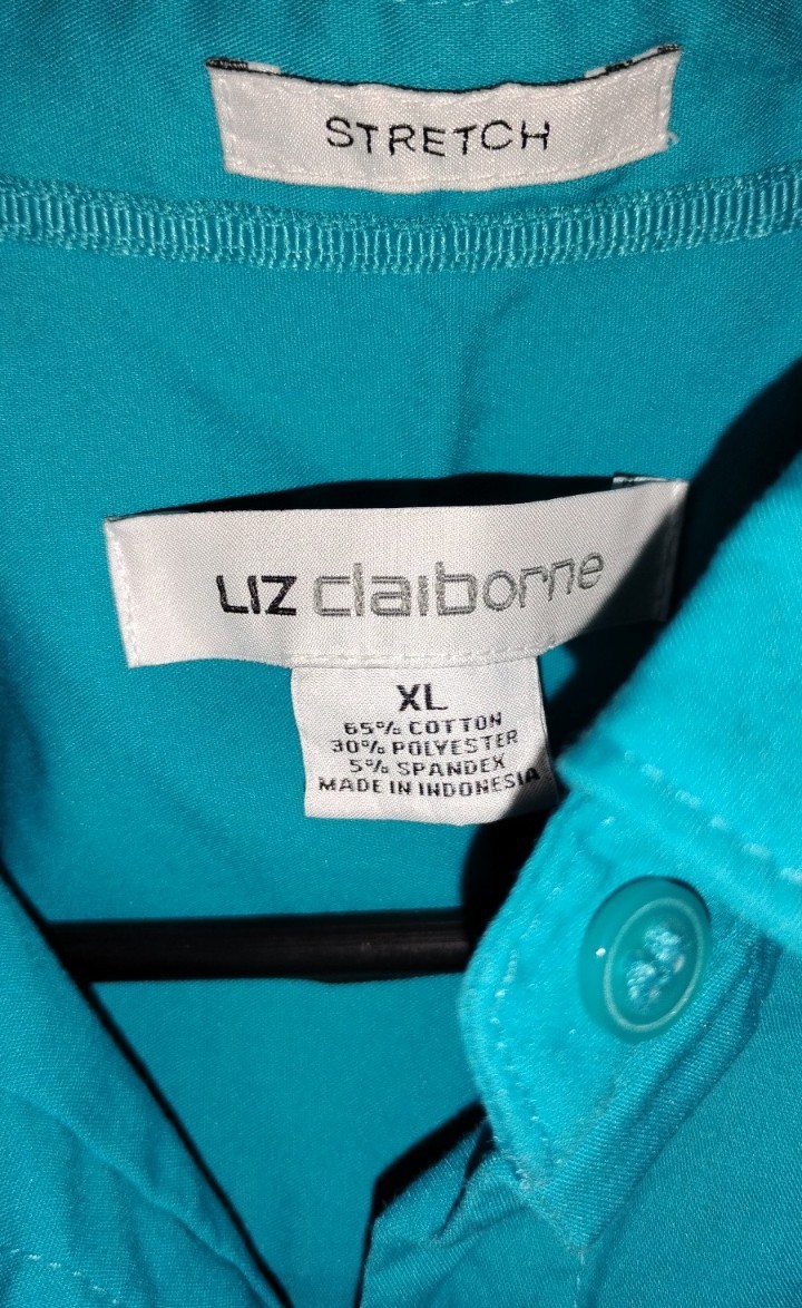 Liz Claiborne Women’s XL Blue Solid Stretch SS Collared Button-Up Blouse