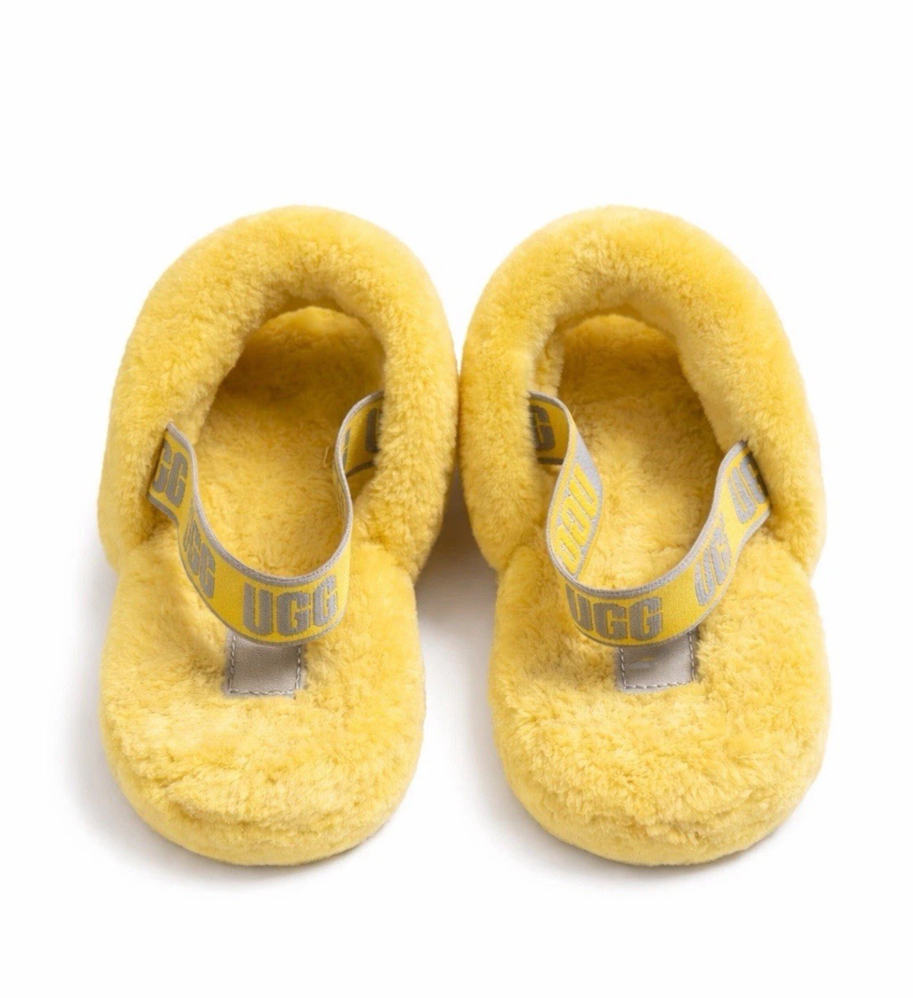 UGG Fluffy Slide Slippers Yellow Plush Open Toe Cozy Women’s Slip-On Sandals