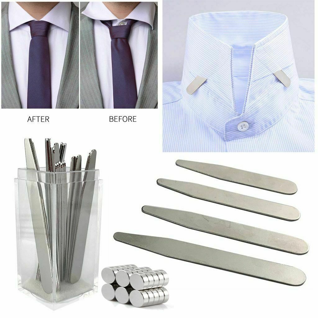 10 20 Metal Collar Stays Stiffeners & 10 Magnets for Men Shirts 4 Sizes with Box