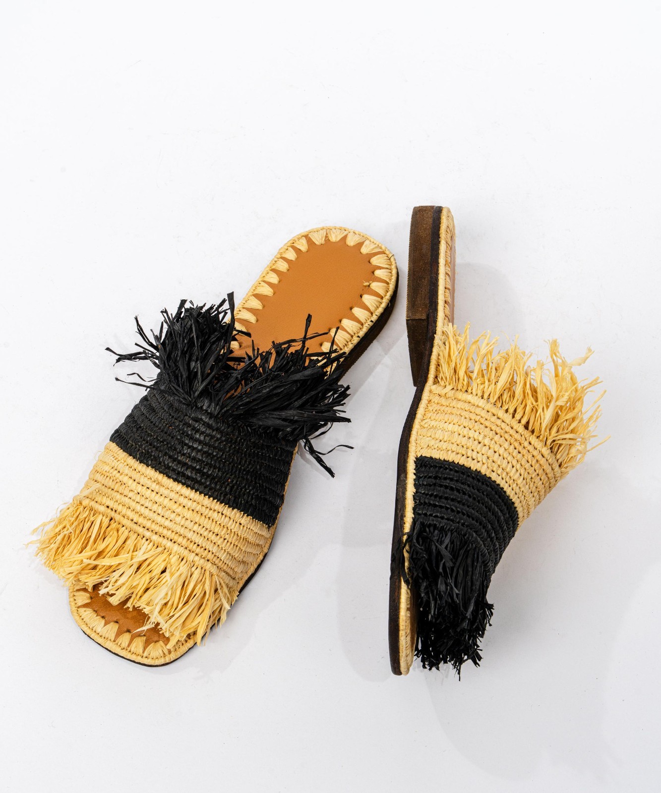 Handmade Moroccan Raffia Slide Sandals Women’s Fringe Natural Black Leather Sole