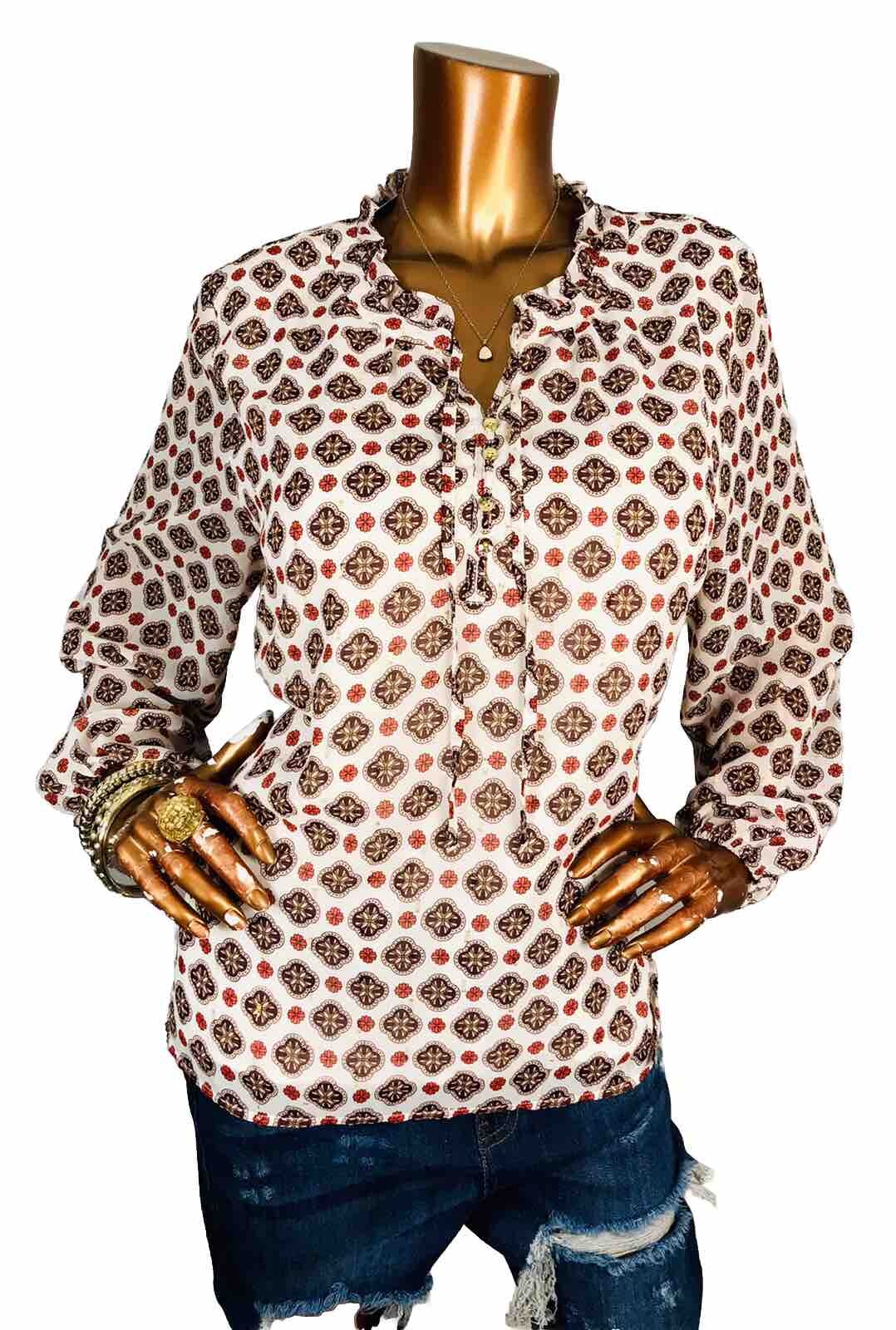 Talbots XL P Damask Print Shiny Low Cut Blouse 1/2 Button Up Lite Soft Easy Wear