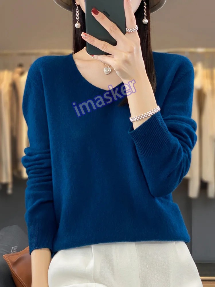 Women’s V-neck Pullover Sweater Knitwear Soft Warm Cashmere Loose Grace Style
