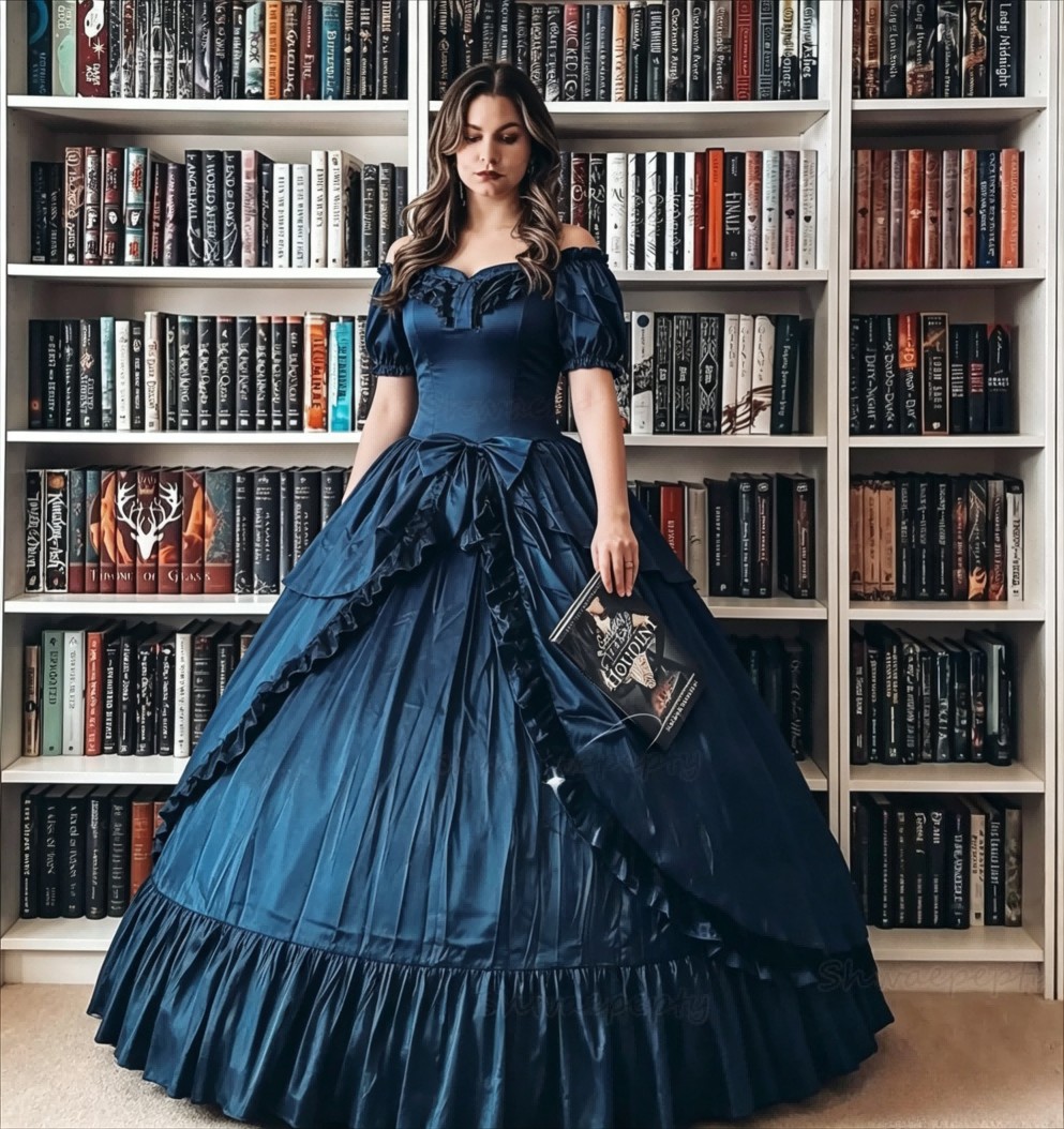 Navy Blue Off-Shoulder Satin Ball Gown Victorian Princess Renaissance Dress