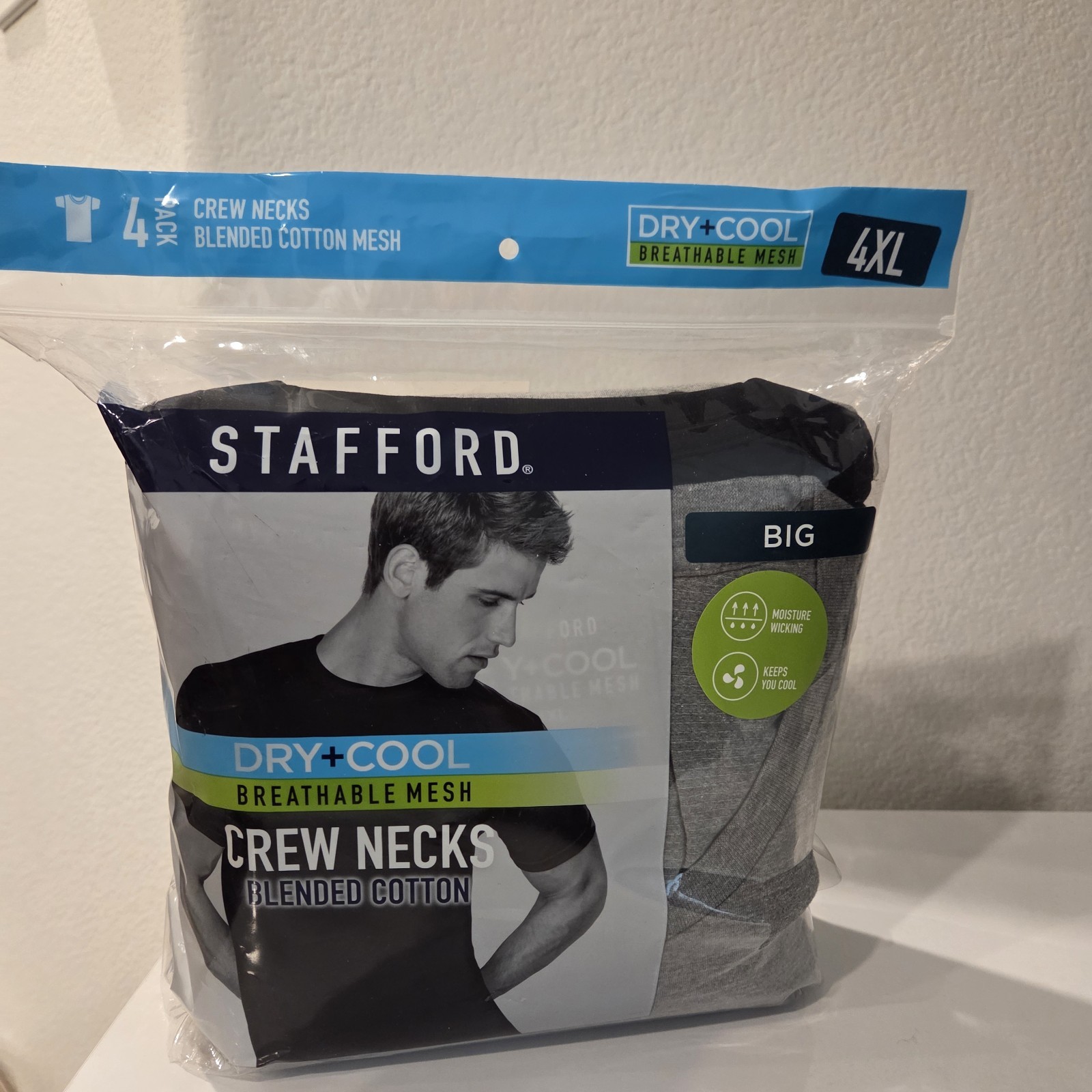 Stafford 4-Pack Men’s 4XL Big Dry+Cool Breathable Mesh Crew-Neck Cotton T-Shirts