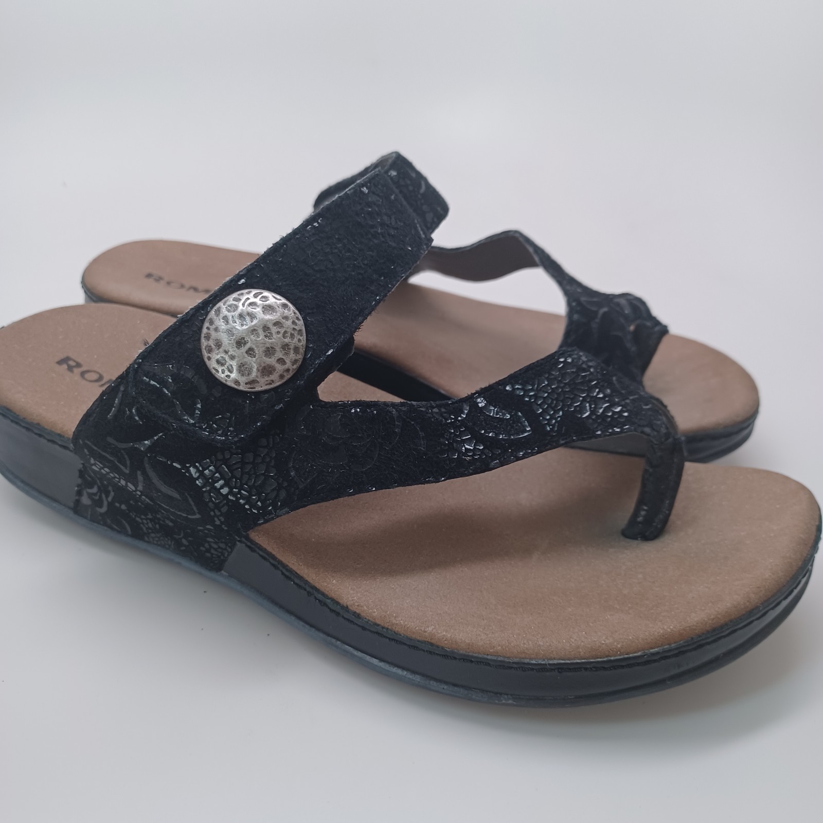Romika Sandals Black Velvet Leather Comfort Wedge Germany Womens 38 or US 7.5