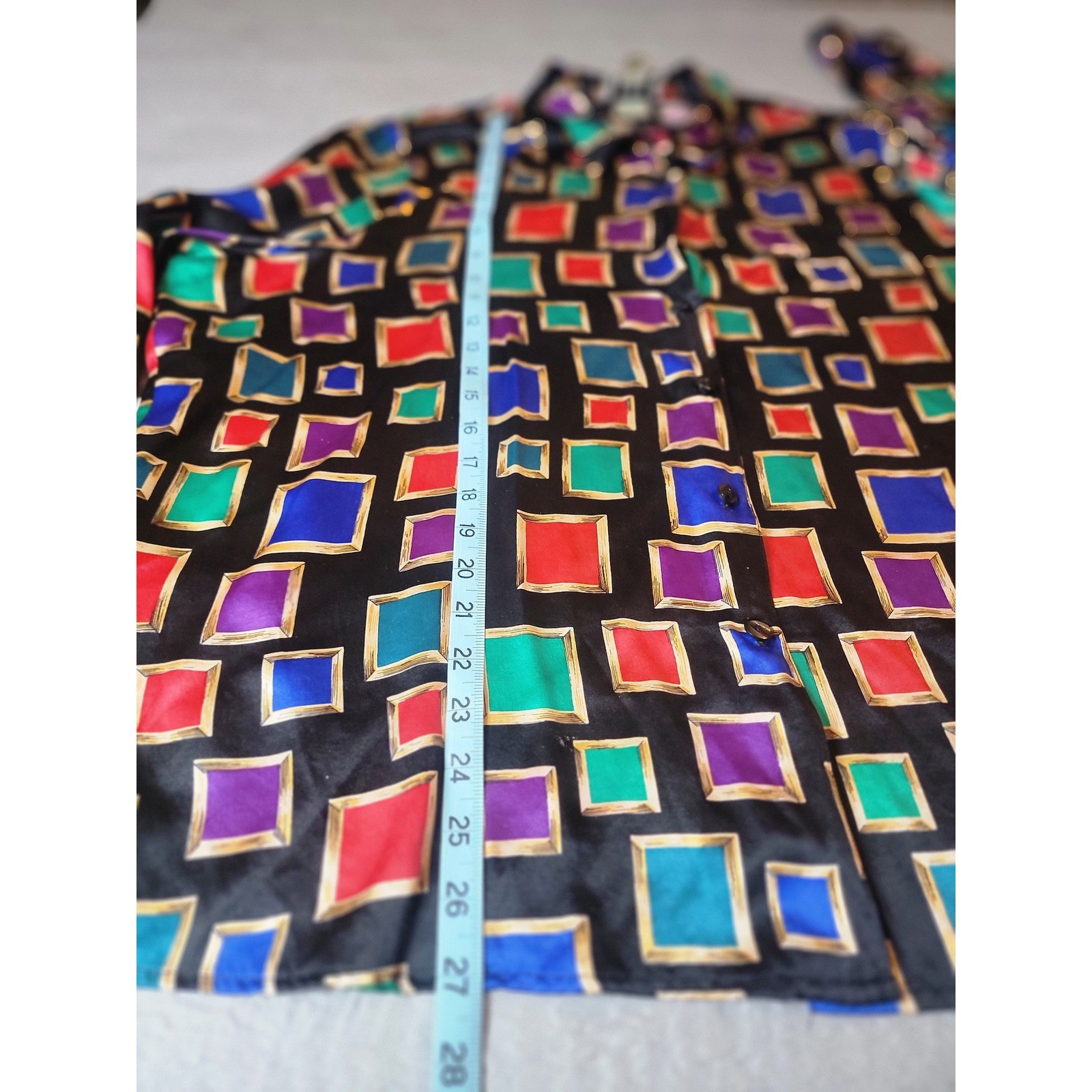 Erena Woman 100% Silk Blouse 20W Multi Color Geometric Square Print Button Down