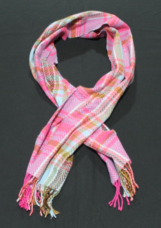 100% Cashmere Plaid Scarf Made In Germany Pink Blue Brown Fringe 70×12