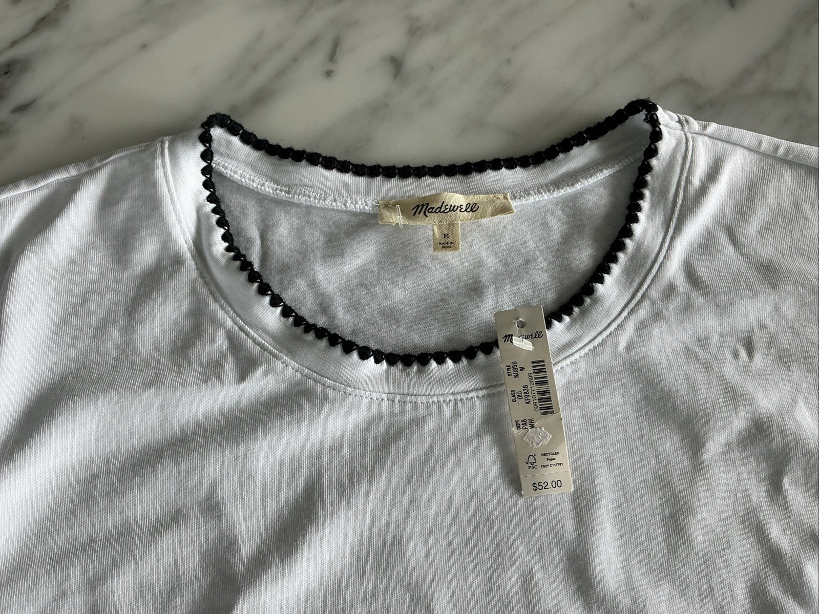 Madewell Side-Cinch Muscle Tee White Top w/ Black Trim Size M NWT