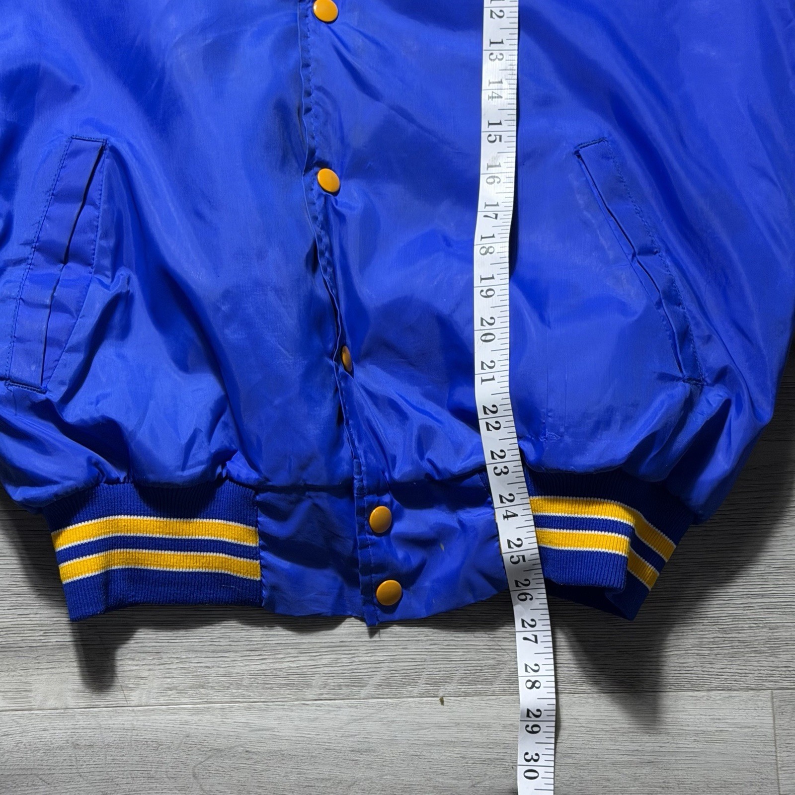 Vintage USA Satin Bomber Jacket Soccer BYC Blue Yellow Fleece Lined Renno Mens M