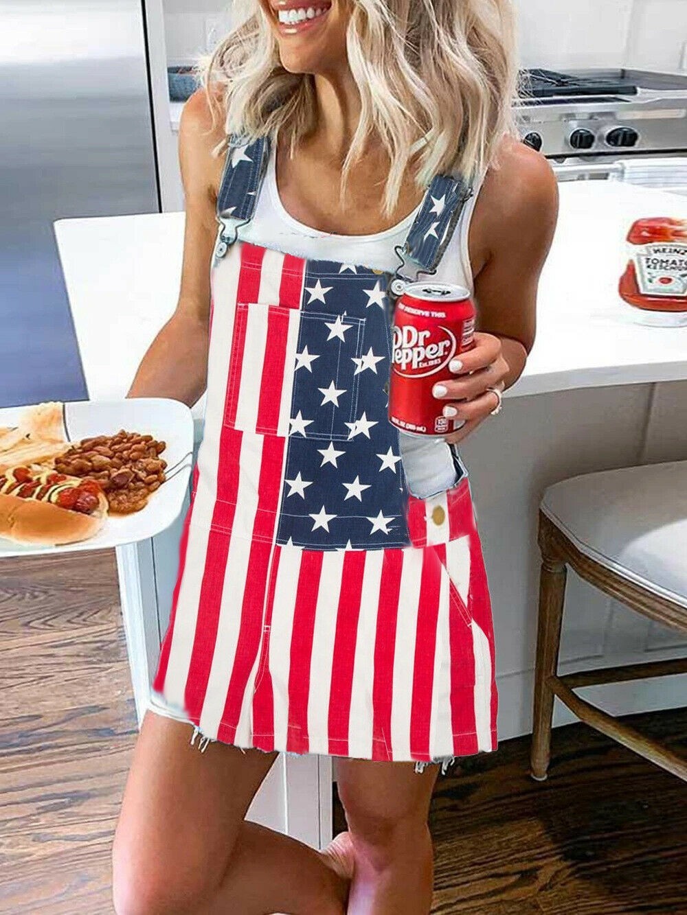 Women’s Overalls USA America Flag Print Bib Dress Jumpsuit Romper Short Skirt