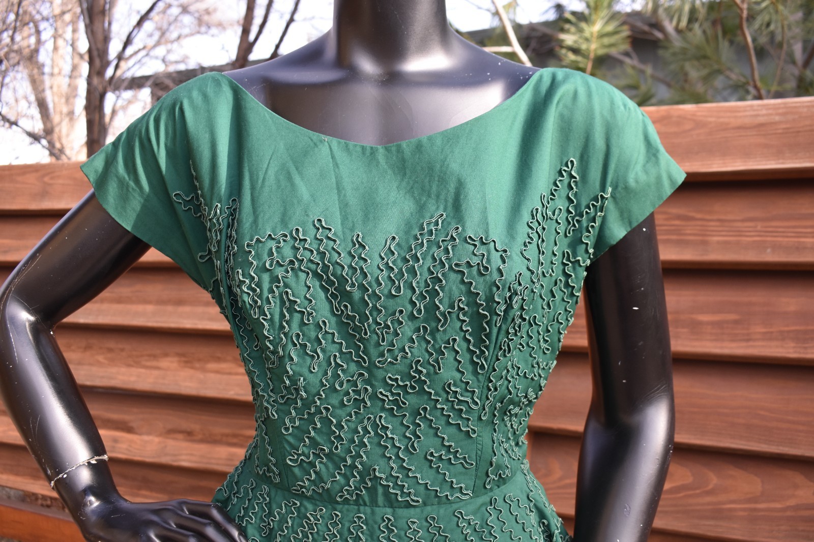 vintage 40’s 50’s forest green huge peplum party dress ribbon cord detailing MCM