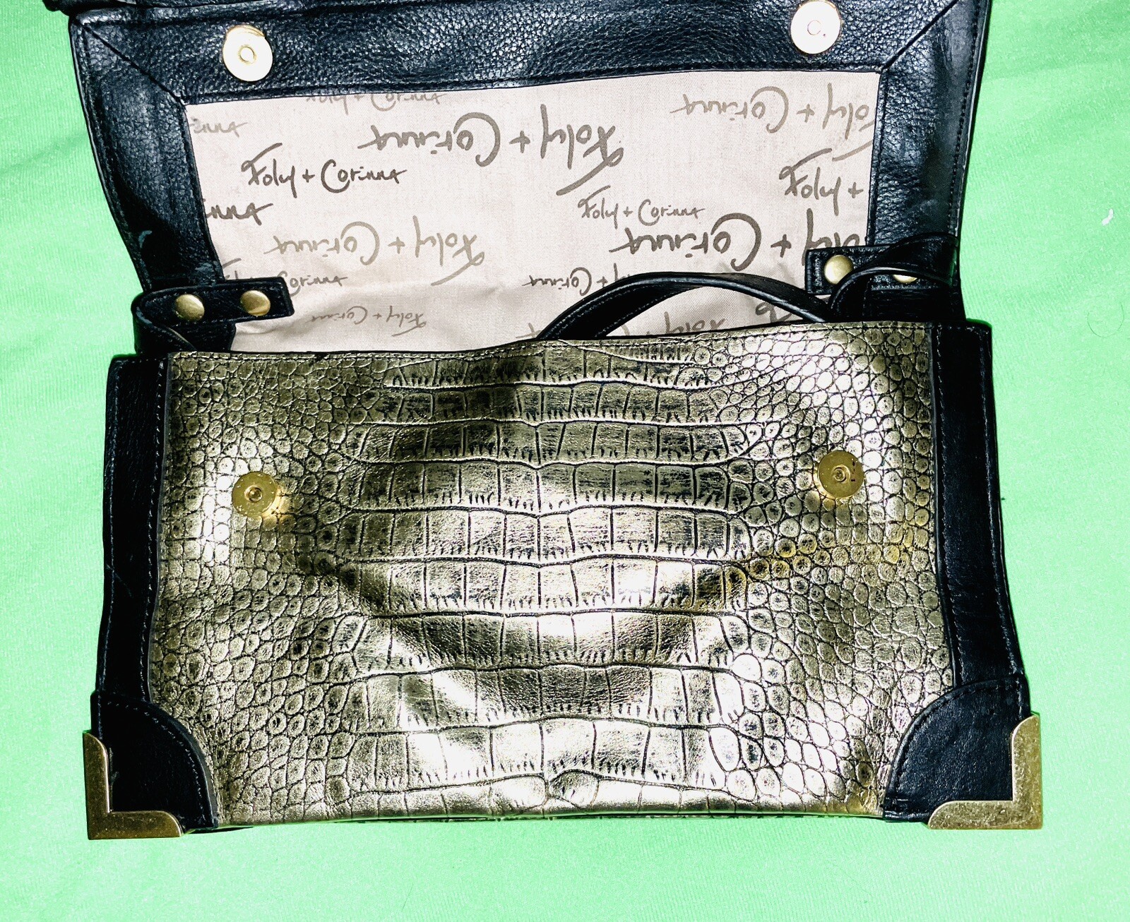 $295 FOLEY & CORINNA FRAMED FLAP GOLD CROCODILE EMBOSSED LEATHER CROSSBODY BAG