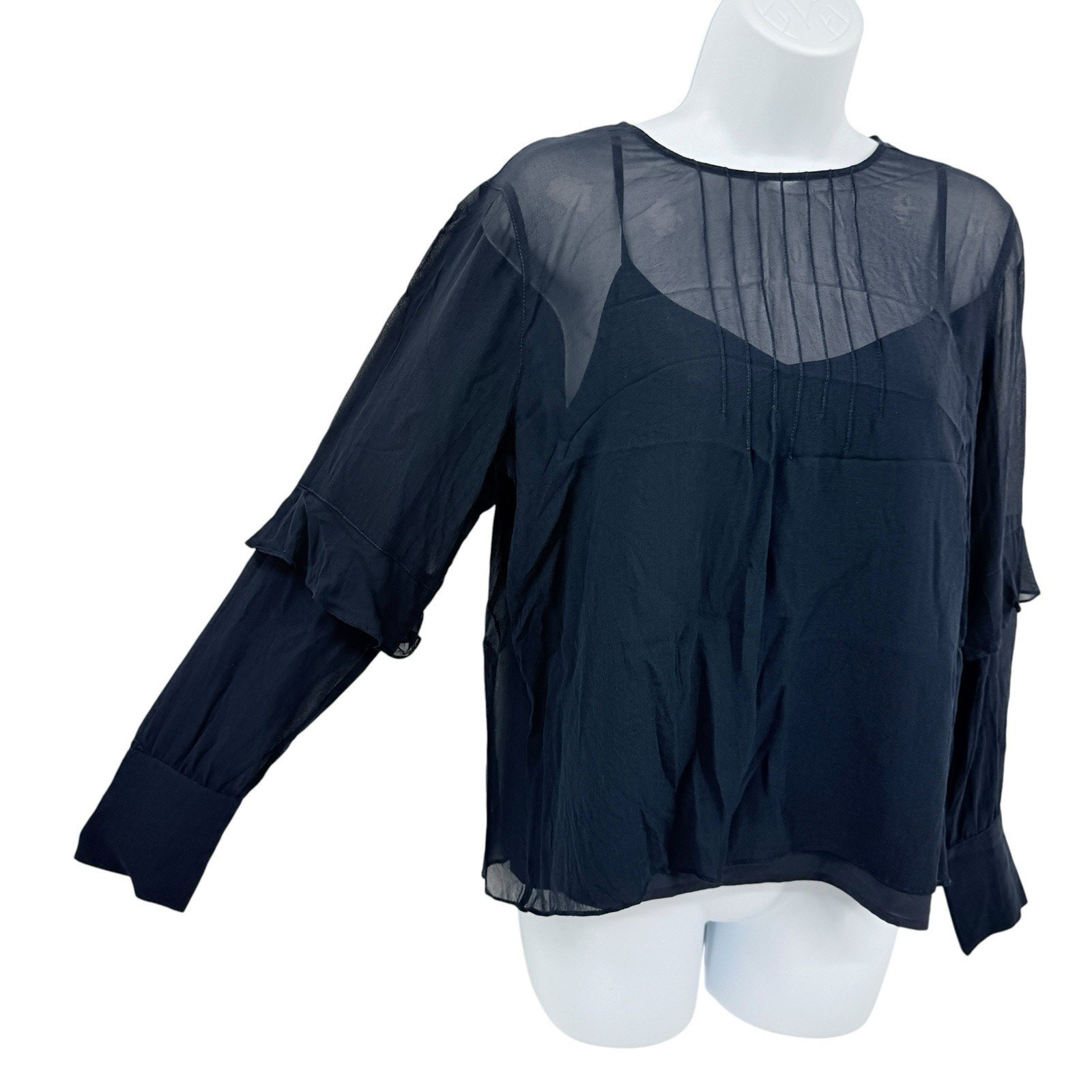 Club Monaco Silk Sheer Blouse Large Navy Pintuck Pleat Ruffle Sleeve Minimalist
