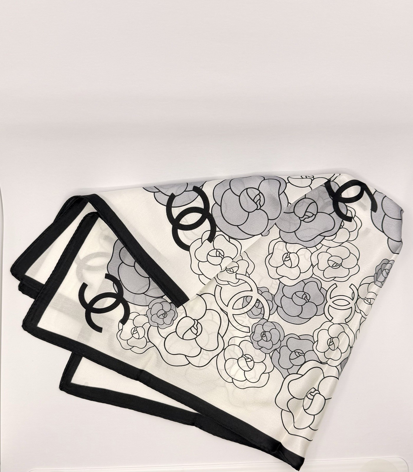 Chanel Camellia CC Logo Silk Scarf Square Black White Gray Floral