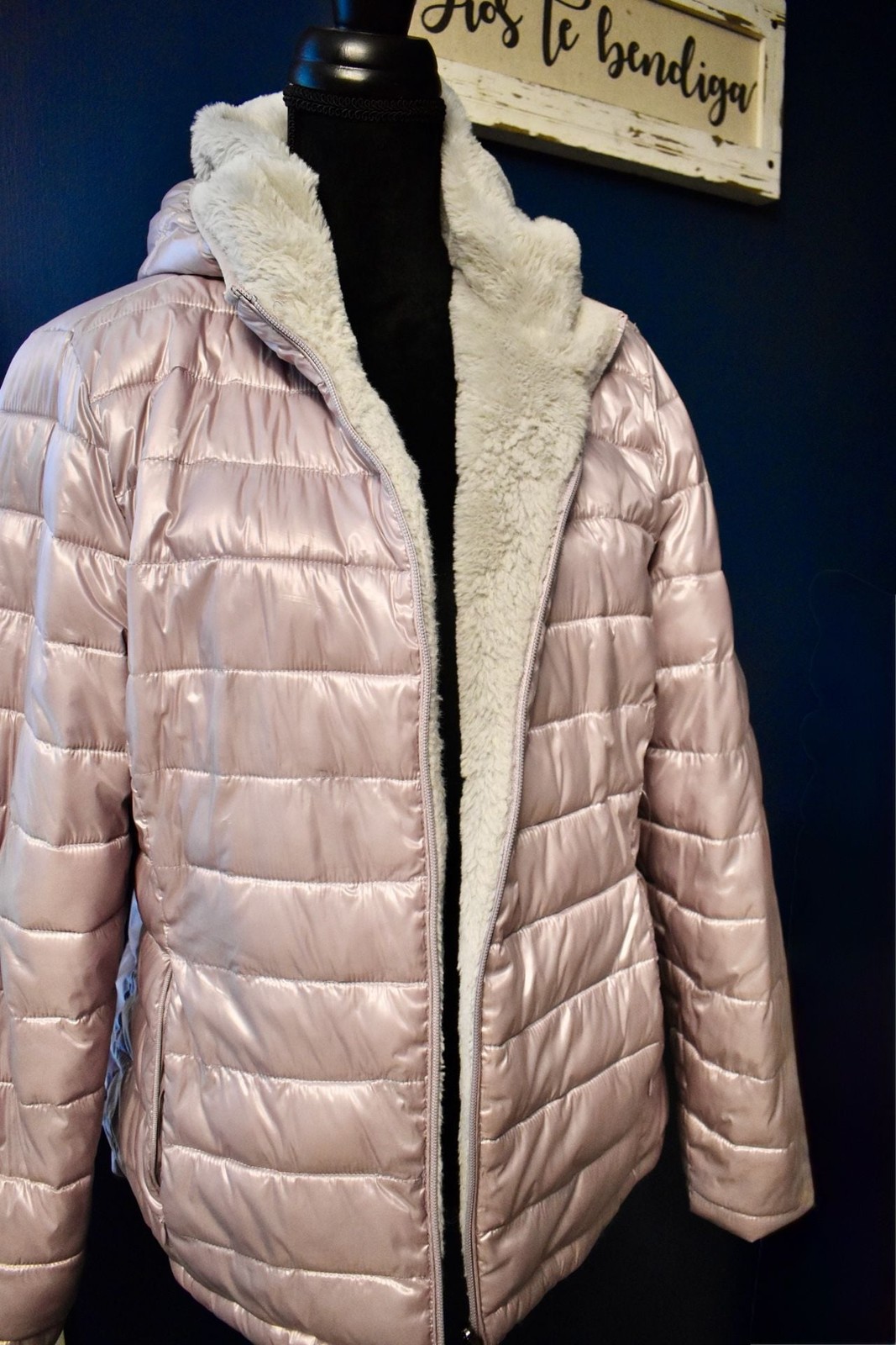 Andrew Marc Women’s Metallic Pink Quilted Faux Fur Lined Hooded Puffer Jacket