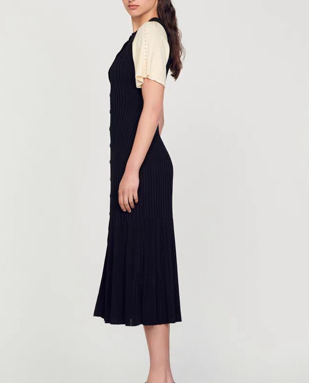Sandro Knit Dress Short Sleeve Single Breasted Midi A-line Dress for Women