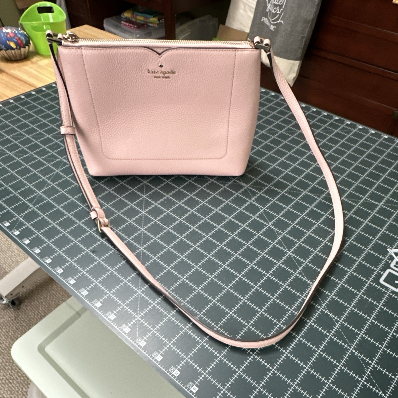 kate spade new york Pink Pebbled Zip Small Crossbody, Adjustable Strap, Gold