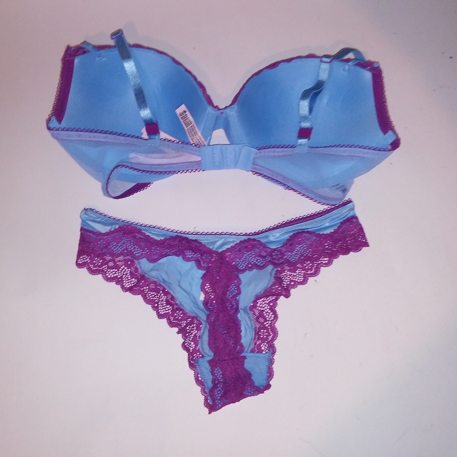 Victoria Secret Bra Set Push Up Thong Panty Blue Purple Tease Lace Trim Underwir
