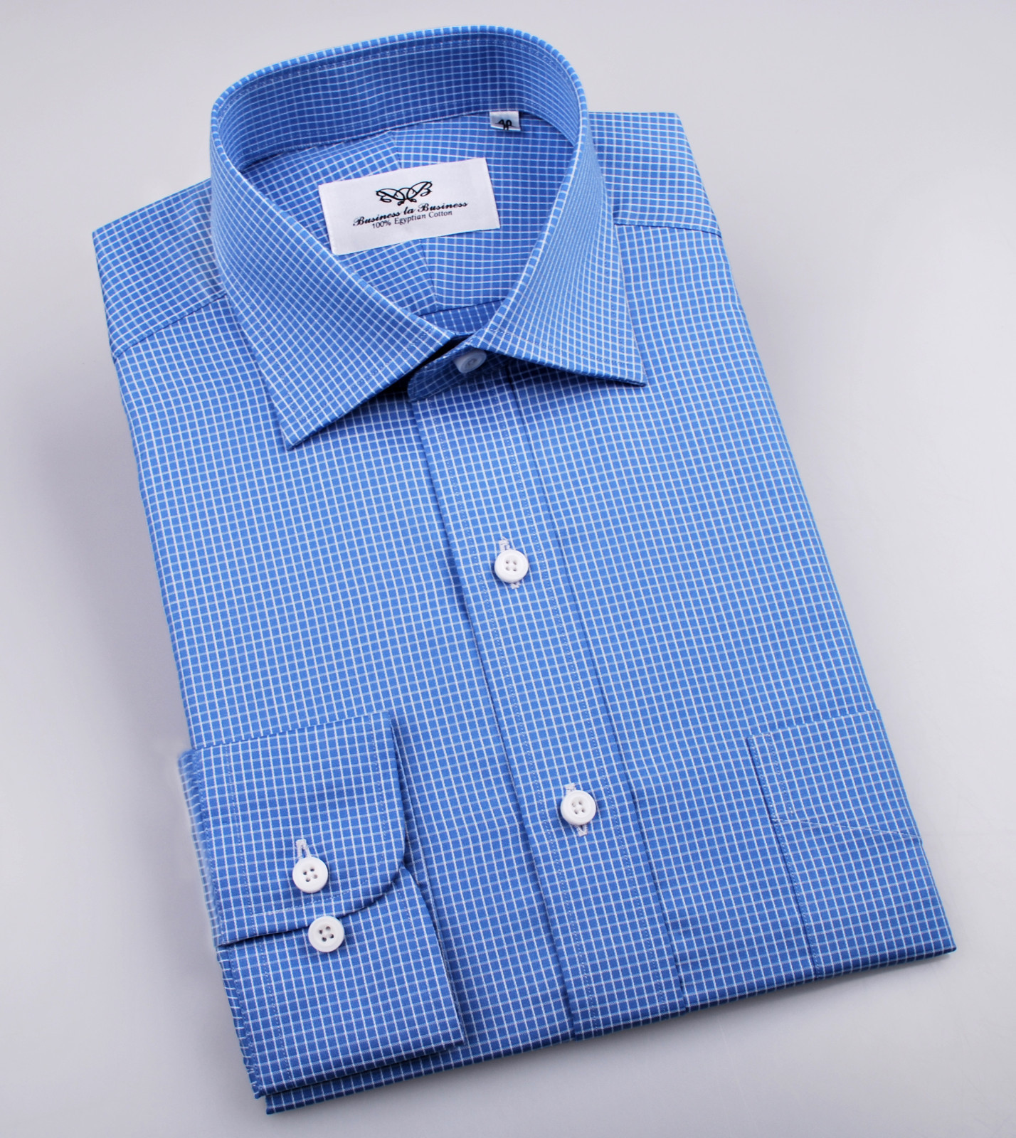 Blue Checkered Dress Shirt Luxury Business Button Cuff Soft Easy Iron Fabric