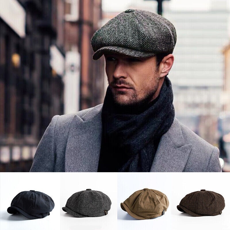 Peaky Blinders Hat Newsboy Flat Cap, Driver, Herringbone Tweed Wool Baker Boy