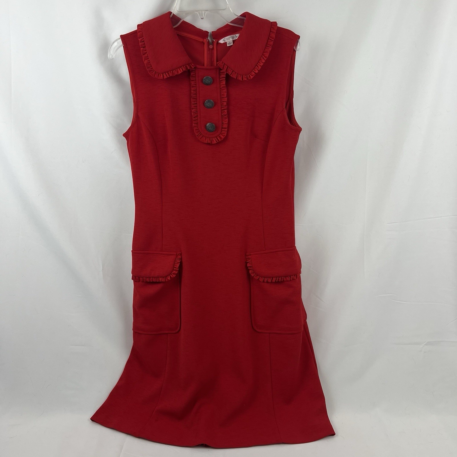 Nanette Lepore Red Dress Sleeveless Ruffle Peter Pan Collar Knit Size 8 POCKETS!