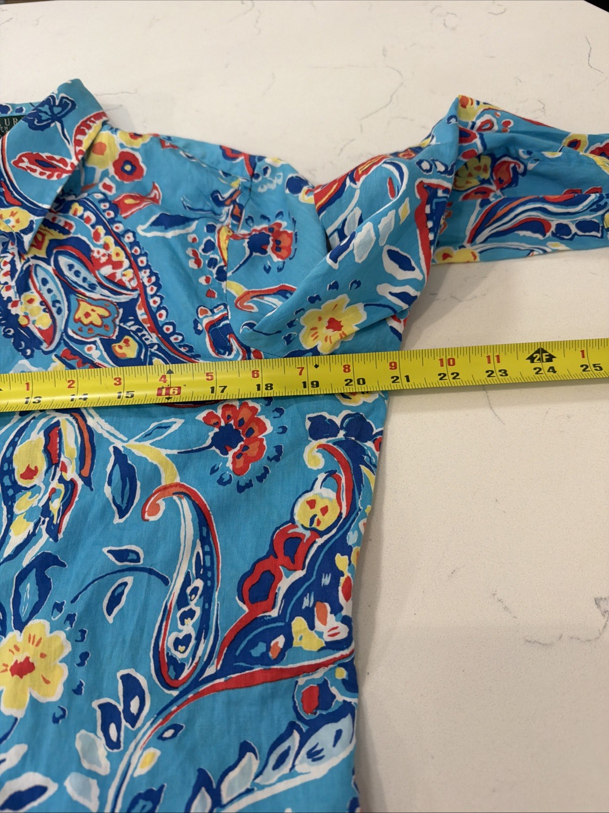 Lauren Ralph Lauren Petite Blue Paisley 100% Cotton Button Down Shirt PL Womens
