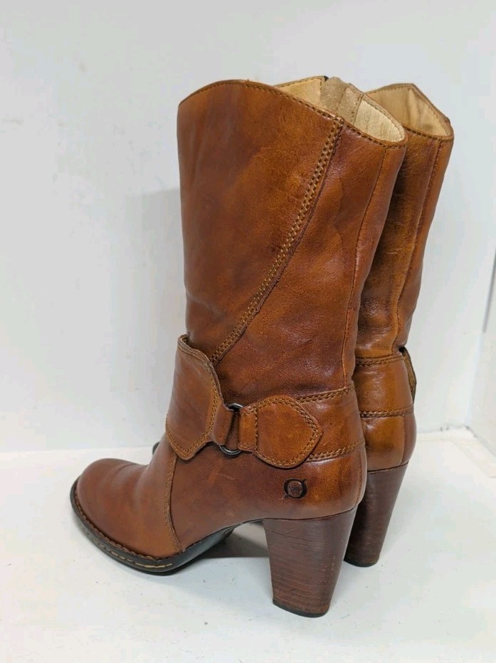 Womens Born Dani Sz 9 B Soft Brown Leather Mid Calf Zipper Buckle Heeled Boots
