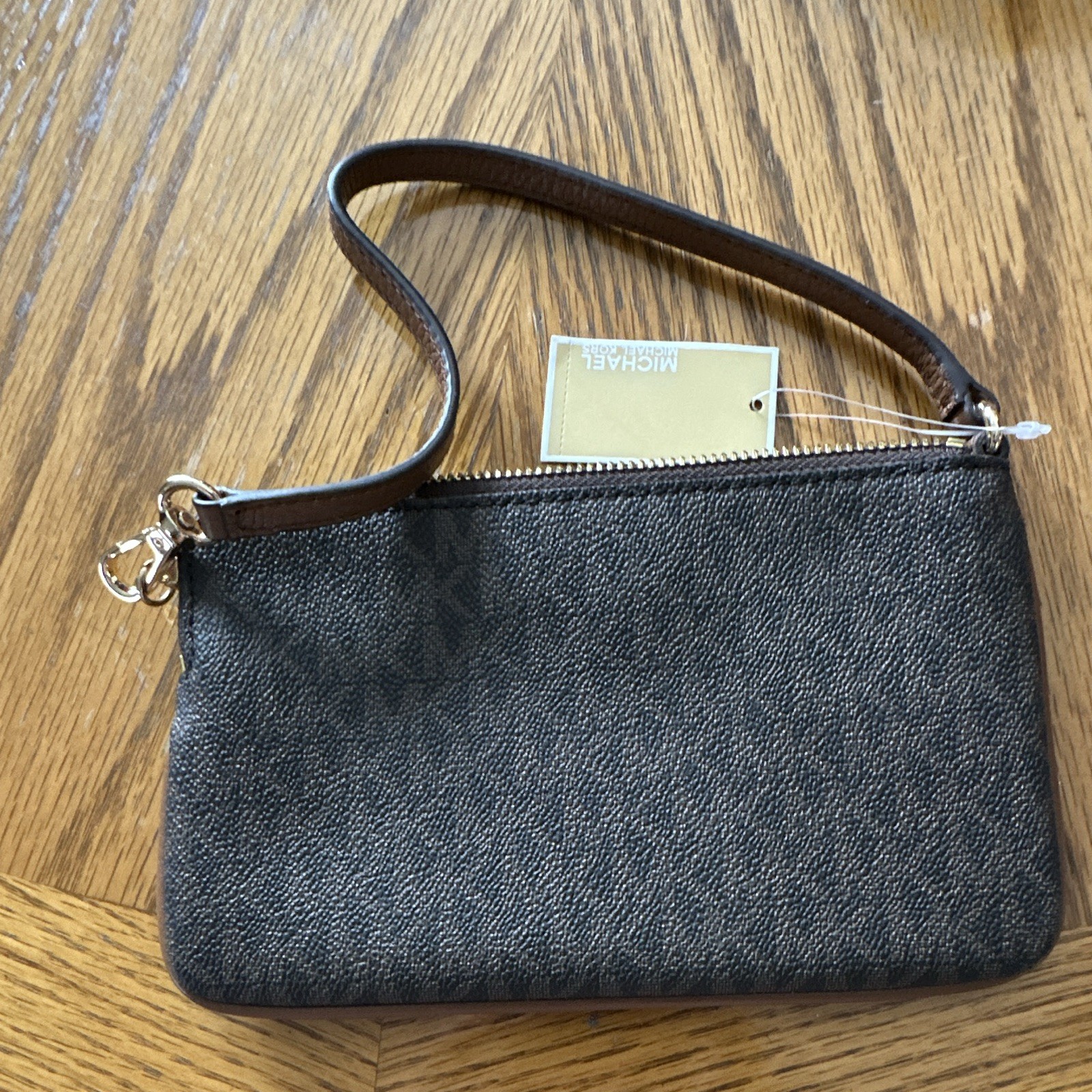 Michael Kors Jet Set Small Brown Wristlet Zip Pouch Wrist Strap Logo Gold